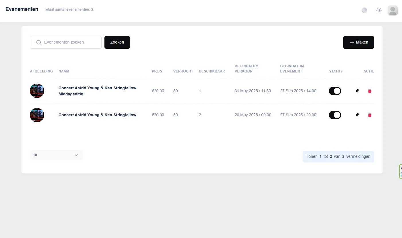 Beheer omgeving voor organisator van evenement